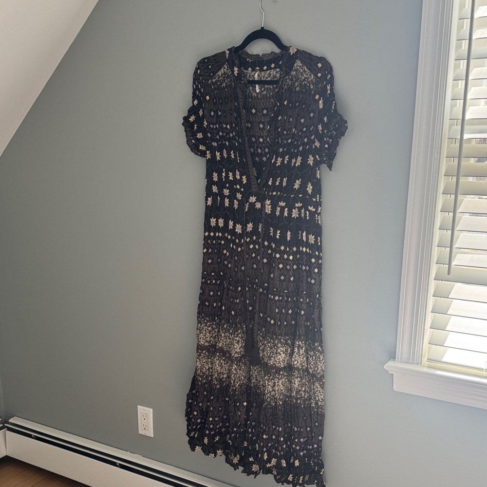 Free People Boho Black and Butter Yellow Floral Printed Maxi Dress